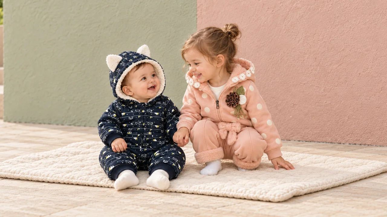 رضيع بسالوبيت كحلي مطبوع بغطاء رأس بأذنين، وإلى جانبه طفلة بطقم وردي خوخي منقّط